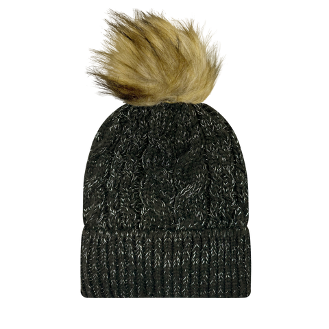 FSLIFE Slife Frosted Cable Knit Faux Fur Pom Beanies