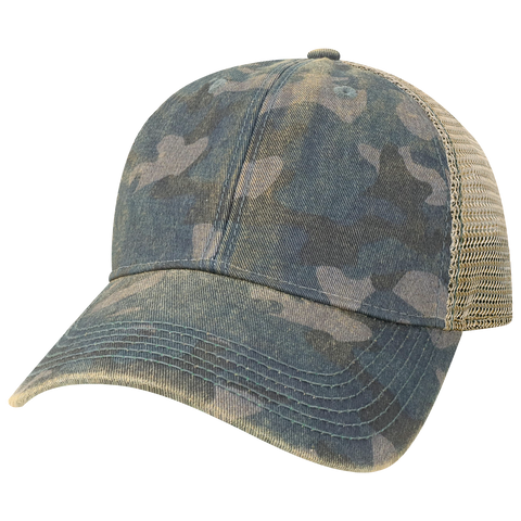 View large product image 1 of 5. Front angled view of Legacy Old Favorite Camo Trucker Hat